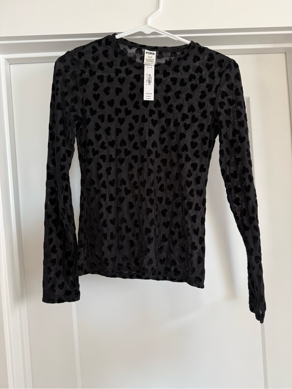 PINK Victoria's Secret Black Sheer Heart-Print Long Sleeve Top Size Small NWT